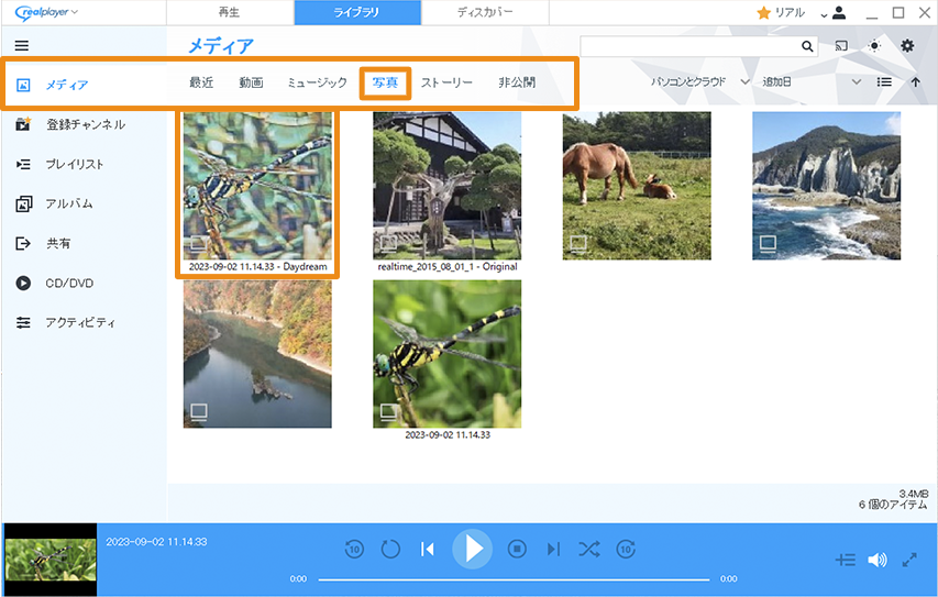 RealPlayerの左メニューの「メディア」を開き、上部メニュー「写真」を選択し、保存した画像を確認している画像