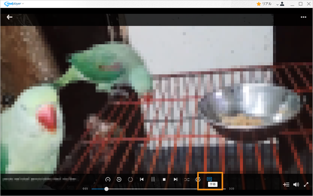 RealPlayerの再生画面で字幕アイコンを選択している画像