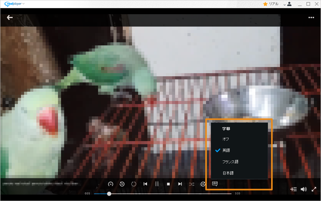 RealPlayerの再生画面で字幕の言語選択ウィンドウで、表示する言語を選択している画像