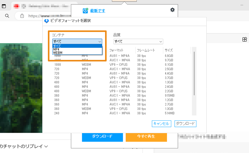 「コンテナ」をクリックして、ダウンロード可能なファイル形式の選択肢が表示されている画像